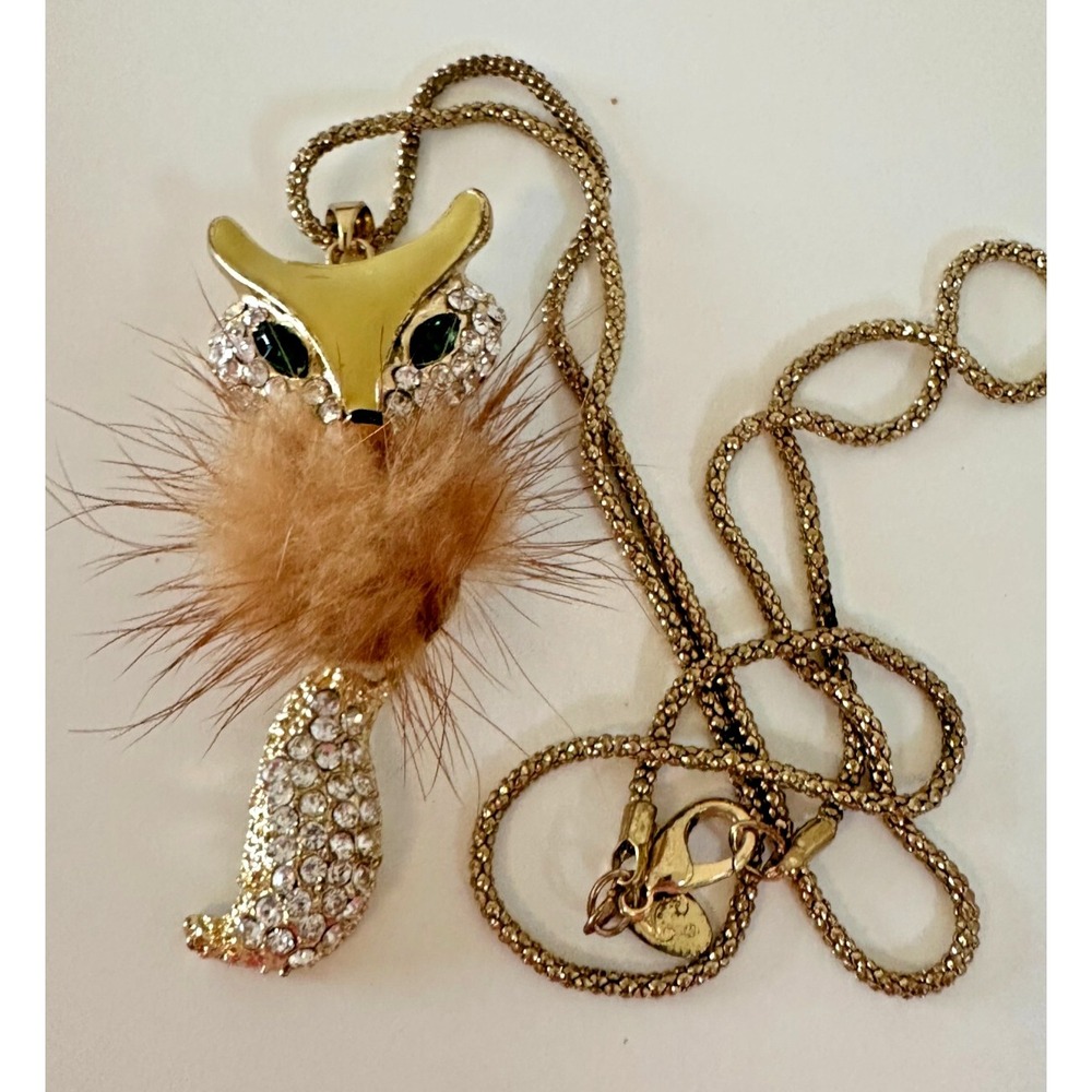 Genuine Fur Fox Necklace Pendant Gold Tone Rhinestones Long 22 in Charm